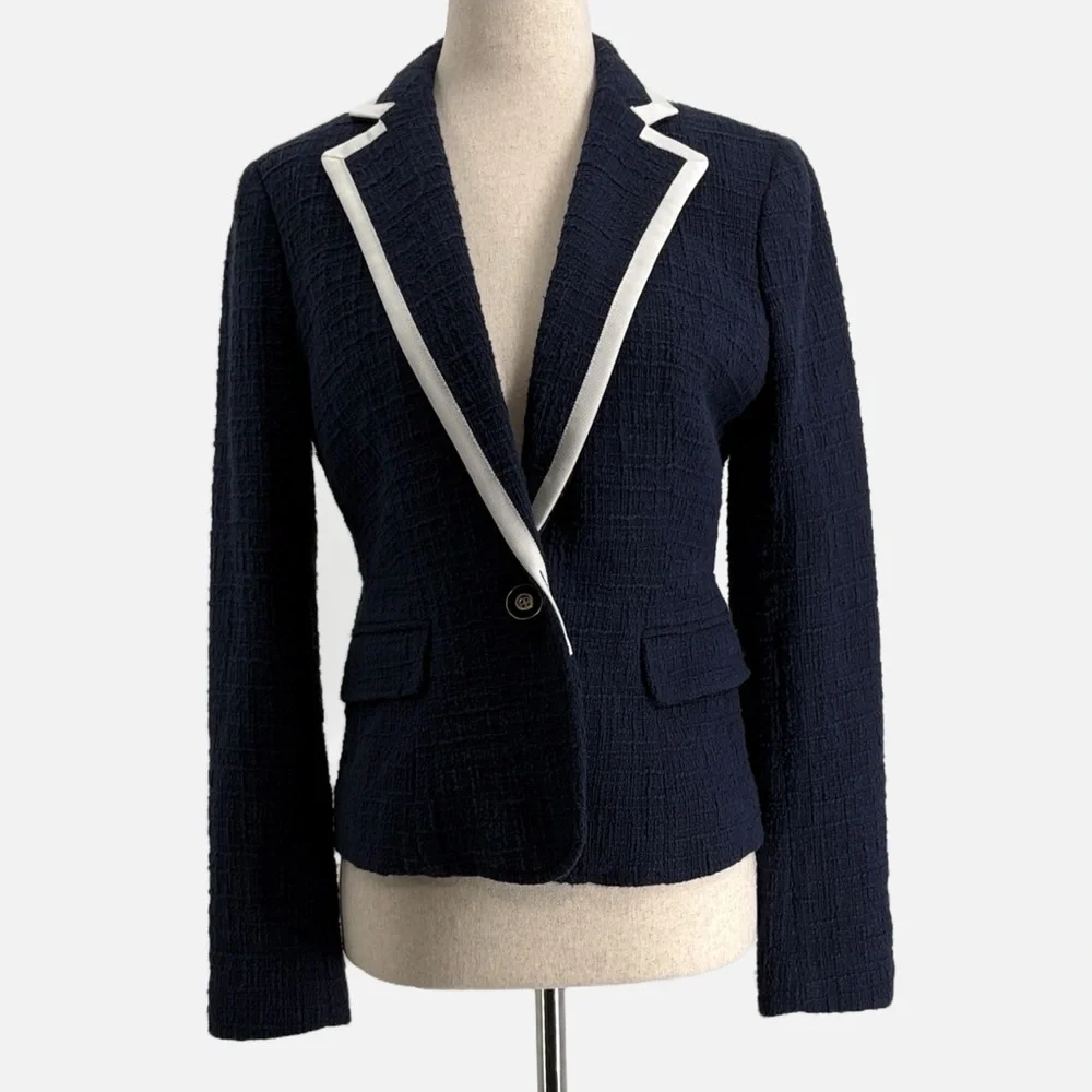 J. Crew Textured Tweed One Button Cotton Blazer in Navy - Size 0 - Picture 1 of 7